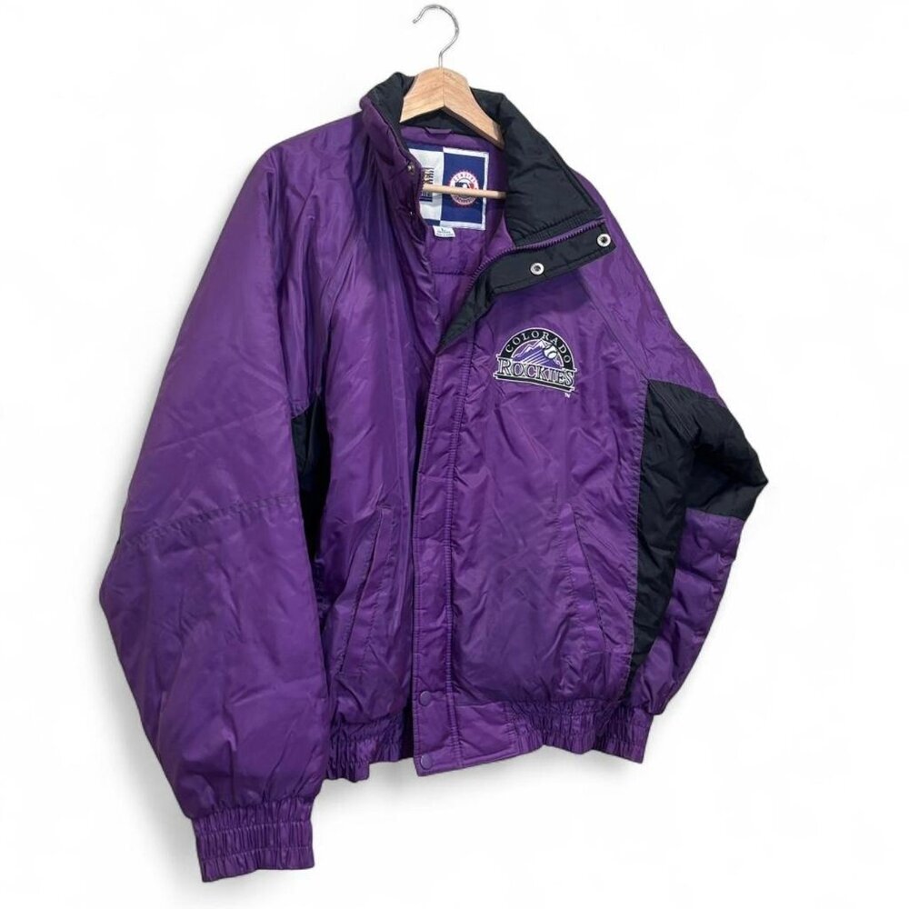 Vintage Colorado Rockies Puffer Jacket 90s MLB Purple Black Men’s Large - Picture 3 of 8